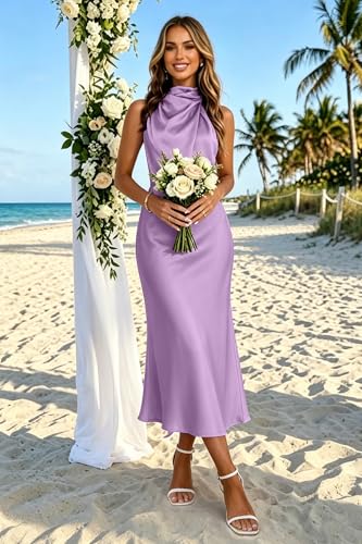 Image of Women's Satin Maxi Dress Summer Formal Wedding Guest Cocktail Dress | Mock Neck Sleeveless,Elegant Silk Midi Long Dress,High Neck,Halter,Aline,Bridesmaid,Bridal Shower Guest,Garden Party,Dinner