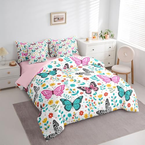Image of Erosebridal Colorful Butterflies 7 Pieces Bedding Set Full,Cartoon Floral Bed in a Bag,Flying Butterfly Bed Set Includes Comforter,Sheet Set,Pillowcases & Pillow Covers,Garden Flower Bedroom Decor