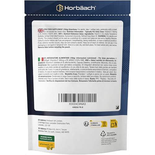 Vitamin E Kapseln Hochdosiert 400 IE bioaktives pro Kapseln | aus D-Alpha-Tocopherol | 200 Softgel Kapseln | von Horbaach