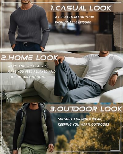 Riyiper 3 Pack Men's Ribbed Thermal Shirts Crew Neck Long Sleeve Tops Winter Stretchy Slim Basic Undershirt2