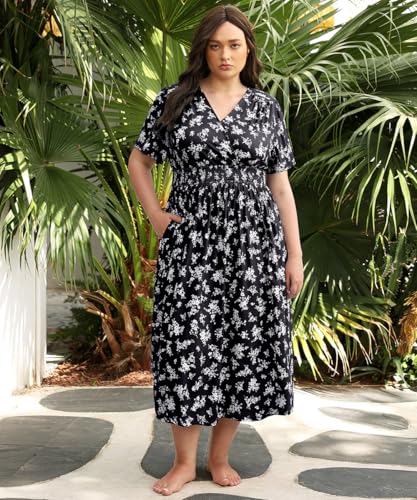 Image of CARCOS Plus Size Dresses for Curvy Women V Neck Summer Maxi Dress Short Sleeve Floral Boho Dress Smocked Waist Beach Dress
