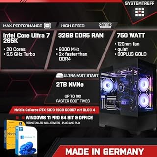 SYSTEMTREFF PC Gamer High-End Intel Core Ultra 7 265K 8x5.5GHz | Nvidia RTX 5070 12 Go | 2To M.2 NVMe | 32Go DDR5 RAM | Windows 11 | Ordinateur de Bureau pour Les Joueurs, Les Gamers & Streamer