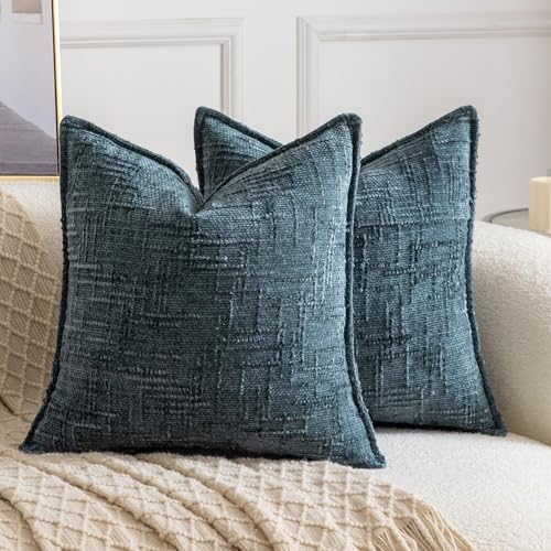 Image of MADIZZ Pack of 2 Chenille Throw Pillow Covers 20x20 Inch Grey Blue Soft Neutral Decorative Throw Pillows for Couch Sofa Boho Accent Cushion Covers Modern Farmhouse Home Decor for Bedroom Living Room