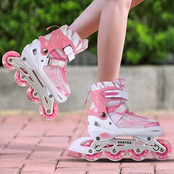 TEKCOOL 4 Wheels Adjustable Inline Skates Skating Shoes for Boys Kids Girls Skating Shoe Adjustable Roller Blades Age 6 to 15 Years PU Strong Wheels Aluminium with LED Flash Light on Wheels