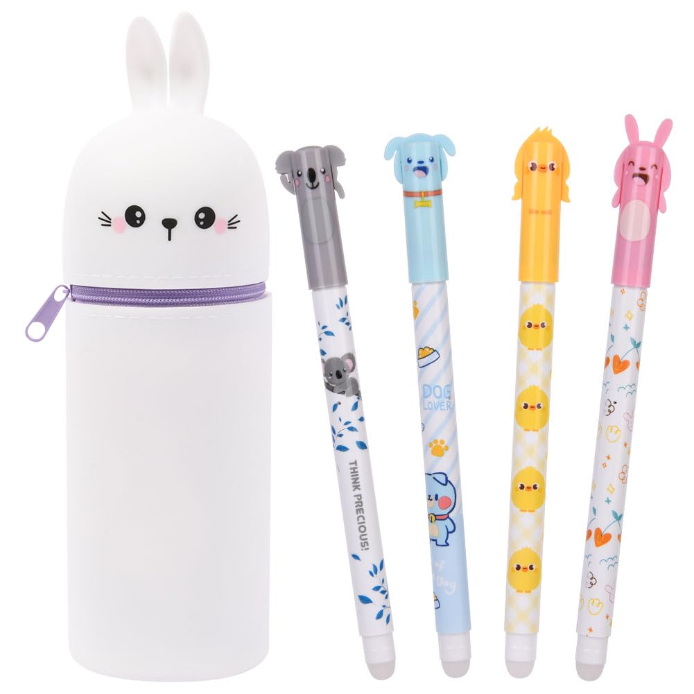 OFFCUP 2 in 1 Soft Silicone Pencil Case, Filled Pencil Case with 4pcs Erasable Gel Pens, Kawaii Rabbit Zipper Pen Holder, Pen Pouch for Office Home or School Back to School Children's Day Gifts