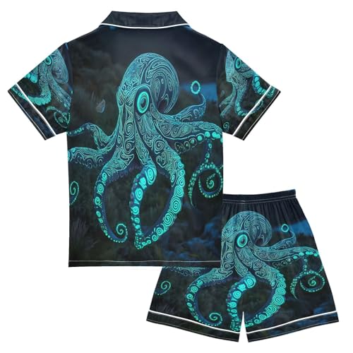 ALAZA Green Octopus Ocean Sea Satin Pajamas Set Short Sleeve Button Down Sleepwear Summer Pjs 2 Piece2