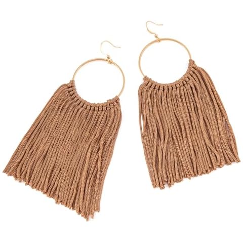 Boho Tassel Earrings for Women - Statement Fringe Hoop Earrings, Trendy Western Cowgirl Earrings (KHAKI) Cover