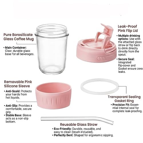 Image of Leak Proof Glass Travel Coffee and Juice Mug with Lid & Straw, Anti-Slip Silicone Band, Glass Travel Coffee Cup with Silicone Sleeve and Lid, Pink, Reusable Mug.