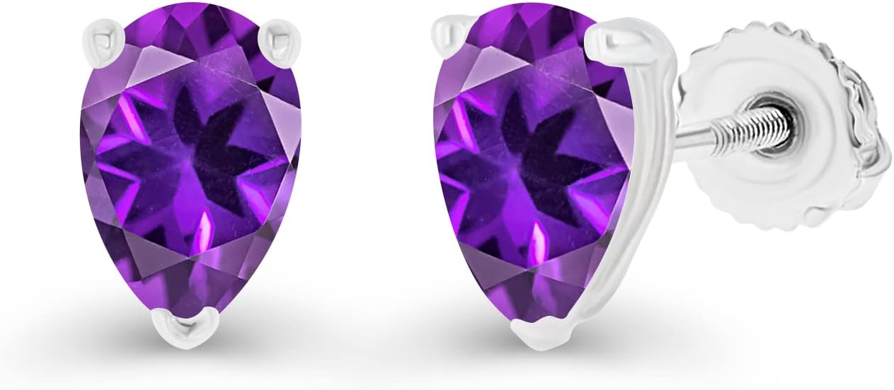 14K Gold Plated 925 Sterling Silver Hypoallergenic 6x4mm Pear Cut Prong Set Genuine Birthstone Solitaire Screwback Stud Earrings - Image 2