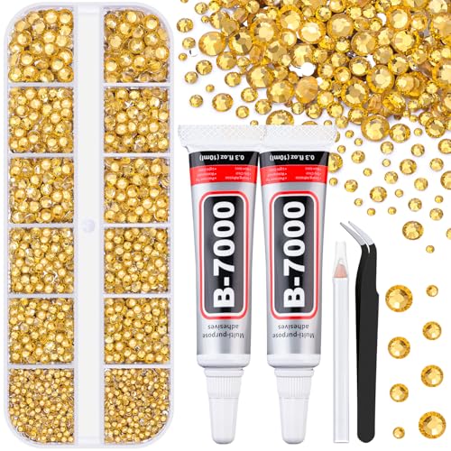 Image of 6100Pcs Resin Rhinestones for Bedazzling with 2Pcs 10ml B7000 Jewelry Glue, 1 Box Flatback Crystals Diamond (Golden Yellow) for Crafting Crafts, Gems for Clothing Shoes Tumblers Nail Art