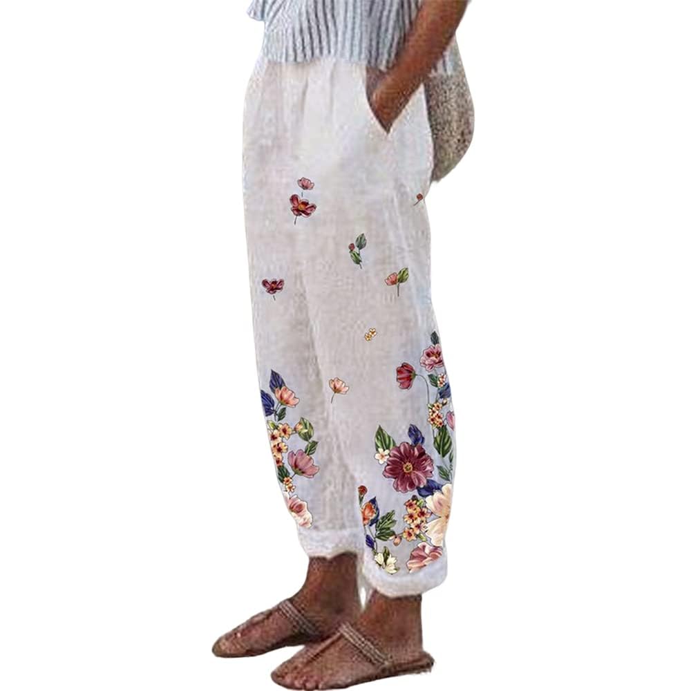 TIAFORD Womens Cotton Linen Floral Printed Pants Casual Elastic Waist Crop Trousers with Pockets