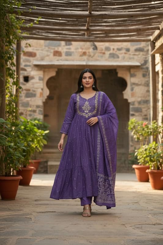 Image of Women's Elegant Embroidered Anarkali Set with Coordinated Bottom and Dupatta | Flared Traditional Ethnic Wear for Festive Celebrations, Wedding Functions and Party Occasions