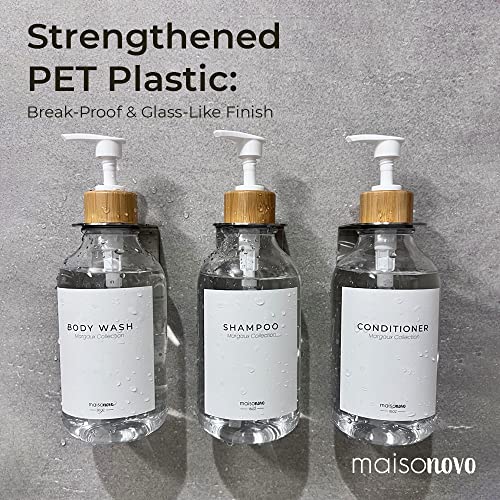 Maisonovo Shampoo Dispenser For Shower Wall Mount - Drill Free Glass Shampoo And Conditioner Dispenser Set With Labels | 3 Clear Bamboo Shower Shampoo Dispenser 3 Chamber White Soap Pump Dispenser #TOP7