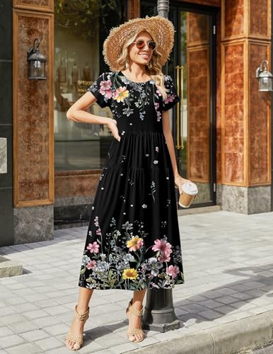 Image of Zeagoo Summer Dresses for Women 2026 Maxi Bohemian Floral Short Sleeve Long Dress Casual Flowy Tired Beach Sundress