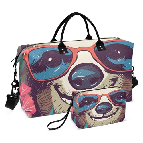 Large Travel Duffel Bag, Happy Sloth Glasses Sports Tote Gym Bag, Shoulder Weekender Overnight Bag for Women Men, Carry On Luggage with Toiletry Bags