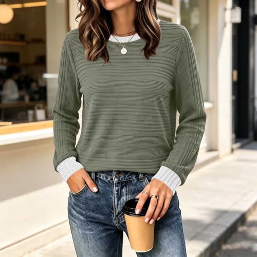 VBTAPA Mock Neck Sweatshirt Fall Sweatshirt Color Block Long Sleeve Tops Trendy Lightweight Casual Loose Fit Tunic Top 2026 Crewneck Cute Shirts Army Green L - image 2