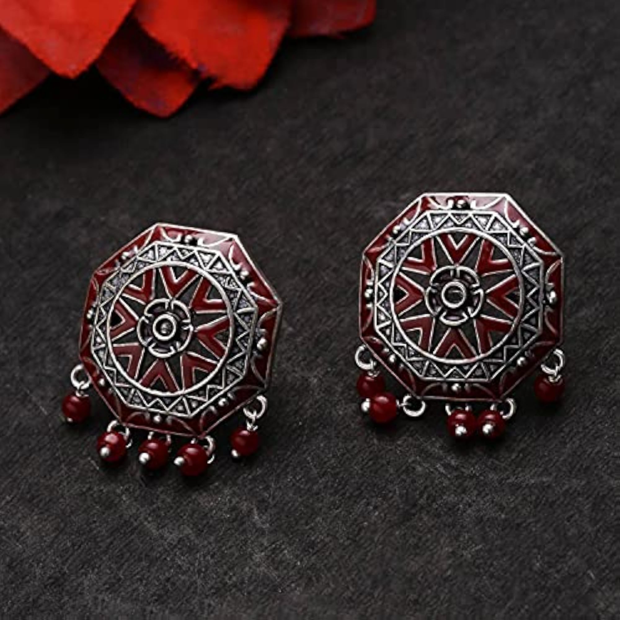 Oxidised Silver Plated Brass Rangabati Maroon Beads Disc Earrings