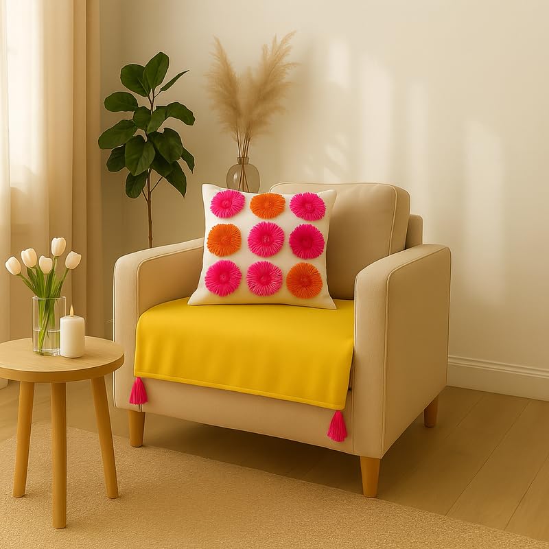 Image of Light Yellow Tassels Designer 1 Seater Throw Water Proof Sofa Cover with Tassel Set - Home Decor- Sofa Seat Cover-Fits Single Seater Sofa -Set of Seat Cover & 2 HandRest Covers|