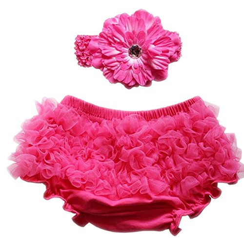 Toddler Diaper Covers Baby Girl's Cotton Short Panties Lace Ruffle Baby Bloomers Headband Set (S(0-6M), Chiffon-ROSEO)