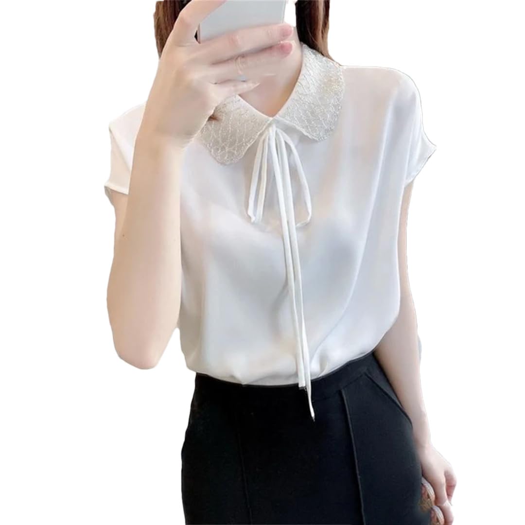Camicetta da donna estiva in raso con fasciatura patchwork in pizzo a maniche corte camicetta tinta unita Top
