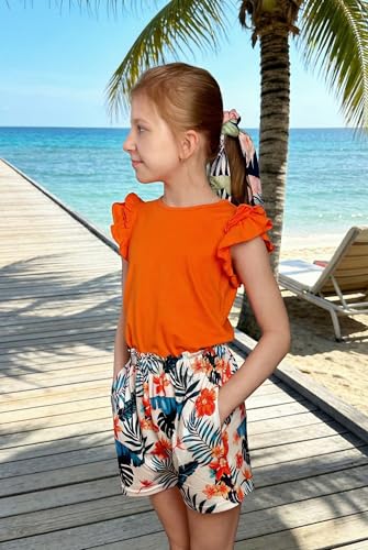Image of Arshiner Girls 2 Piece Outfits Summer Clothes Ruffle Short Sleeve Shirts Top and High Waist Paper Bag Shorts Set with Pockets