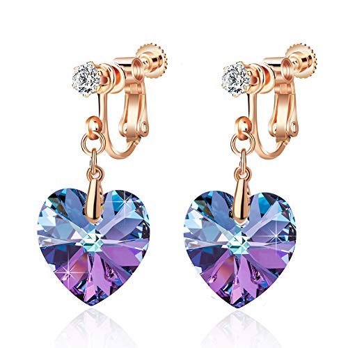 Austrian Crystal Heart Drop Clip On Dangle Earrings for Women Non Pierced 14K Rose Gold Plated Hypoallergenic Jewelry