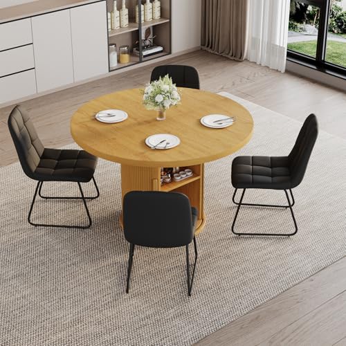 Image of 5-Piece Dining Set for Small Spaces 43.3 inch Round Table & 4 PU Leather Chairs, Modern Farmhouse with Storage Shelf, Apartment Kitchen Easy Assembly (Walnut Color Round Table + 4 U-Shaped Black Chairs)