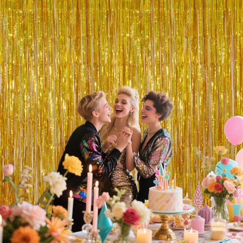 Image of Gold Back to School Backdrop Fringe Curtains Streamers Tinsel Photo Booth | 3.28 x 6.56ft Foil Curtain for Birthday Party Decorations, Wedding & Photography Background