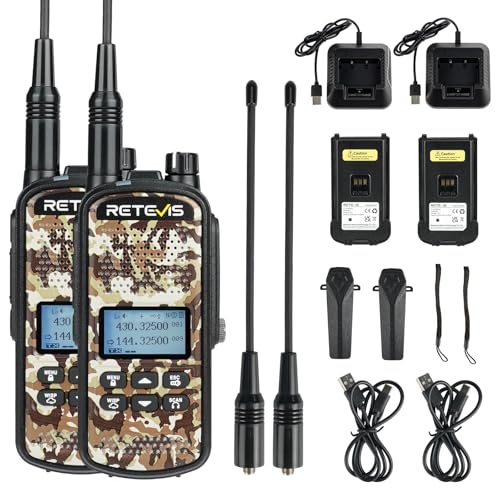 Retevis EZTalk 62 Walkie Talkie Largo Alcance, Emisora Caza, Impermeable IP67 Walkie Talkie, 7 Llamadas de Caza, Linternam, Función de Silencio Instantáneo, 2200mAh(2 Unidad, Camuflaje)