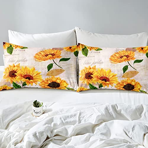 Vintage Sunflowers Comforter Full Size Yellow Floral Bedding Sets Girls Child Youth Tropical Sunflower Print Down Comforter Old Fashioned Quilt Flower Blossoms Bedding Comforter Set Nature Theme #TOP4