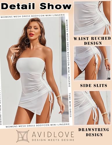 Image of Avidlove Womens Mesh Bodycon Mini Lingerie Dress Y2k Clubwear Outfits | Y2K Mesh Dress, Ruched Drawstring Waist, Sexy Side Slits, Tube Top Backless, Night Clubwear, Mini-length, Sleeveless