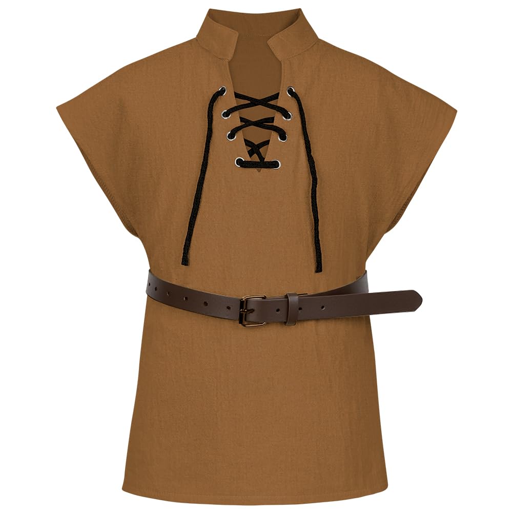 AYBUY Boys Renaissance Pirate Sleeveless T Shirts, Kids Medieval Lace-up Top with Belt V Neck Front Lace Up Closure Split Vest Medieval Waistcoat for Halloween Fancy Dress Cosplay,Dark Khaki（150）