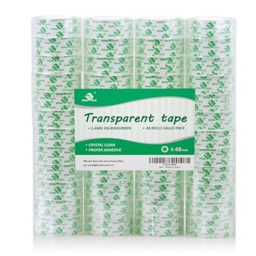 BOMEI PACK 48 Rolls Crystal Clear Transparent Tape, Stationery Tape Refills Rolls for Dispenser...
