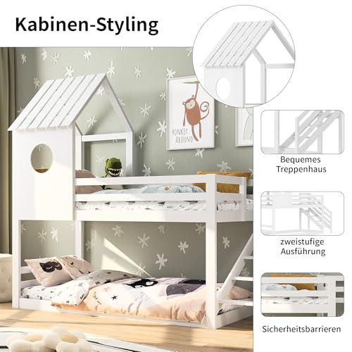 Etagenbett 90x200 cm, Hochbett mit Treppe, Doppelstockbetten mit rausfallschutz, Kinderbett Holzbett mit Fenster und Dach, Hausbett mit Lattenrost,Wackelsicher und Kippgeschützt, Weiß – Bild 4