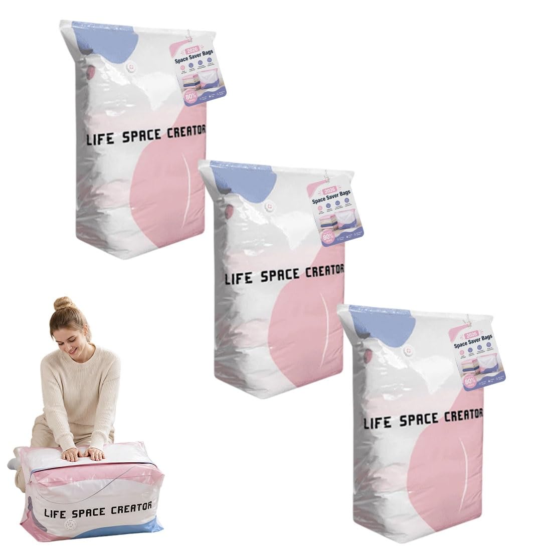 Qcdzsw 3Pcs No-Pump Vacuum Storage Bags,Upgrade Large Storage Compression Bags Press & Seal, Cube Compression Space Saver Bags,For Clothes,Bedding Comforters(,L)