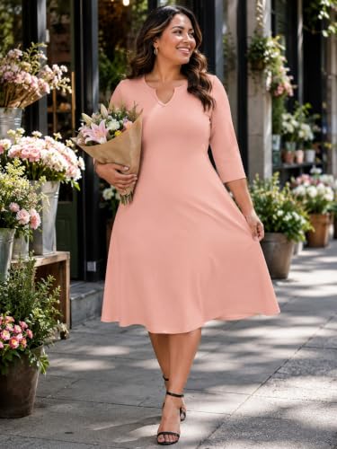 Image of PinkPatty Women's Casual 3 /4 Sleeve Midi Dresses Fit and Flare Church Work Dress with Pockets