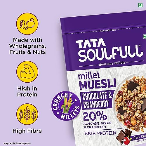 Image of Tata Soulfull Millet Muesli, Chocolate & Cranberry, 500g, 20% Almonds, Seeds & Cranberry Breakfast Cereal, Dark Chocolate, High Protein