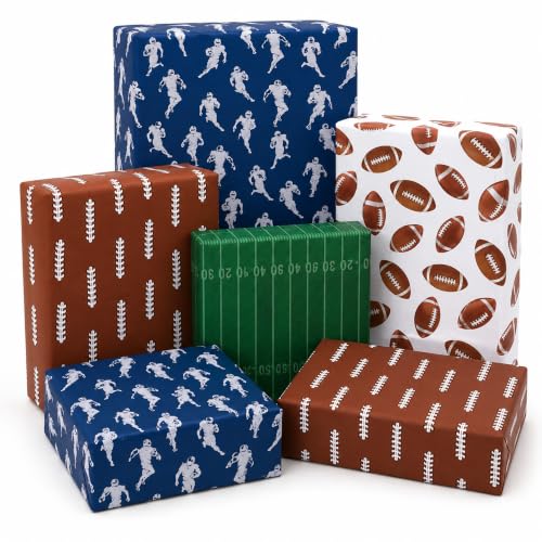 Jajajuegos 12 Sheets Football Wrapping Paper 20 x 27 Football Gift Wrapping Paper Sports Rugby Brown Green Blue Pattern Art Papers for Sports Themed Party Decorations Birthday Party DIY Crafts