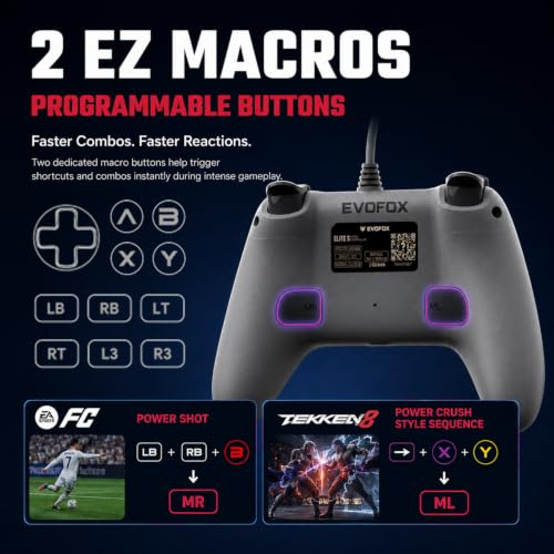 Image of EvoFox Elite S Gaming Controller for PC, 1000Hz Polling Rate, Hall Effect Joysticks, Programmable Macro Buttons, Sniper Mode, Turbo & Auto Turbo Mode, Dual Vibration, RGB Lighting, 1.8m Cable, Grey