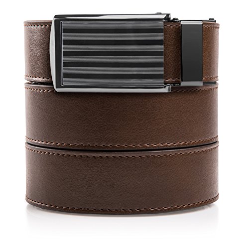 SlideBelts Men's Classic Belt with Premium Buckle (Mocha Brown Leather with Bar-Striped Buckle (Vegan), One Size)