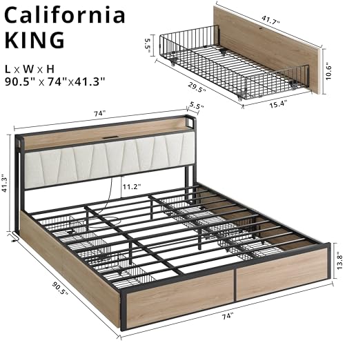 Image of LIKIMIO California King Bed Frame with 4 Storage Drawers, Platform Bed with Charged Headboard, Sturdy and Stable, No Noise, No Box Spring Needed, Easy to Install, Wood and Cream