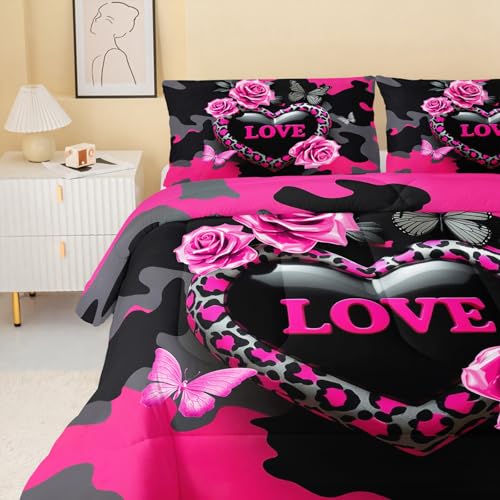 Image of QOOMO 3Pcs Flowers Comforter Set Twin Size,Leopard Print Bedding Set for Teens Boys Girls,Pink Comforter with 2 Pillowcases,Soft and Lightweight