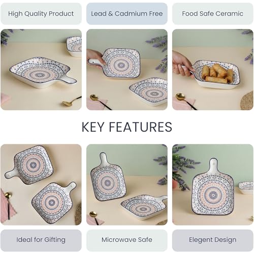 Image of The Earth Store Mandala Ceramic Platter with Handle for Serving Set of 2 | Microwave & Dishwasher Safe Serving Platters for Snacks, Dessert, Starter, Fruits, Salad, Sweets & Appetizers