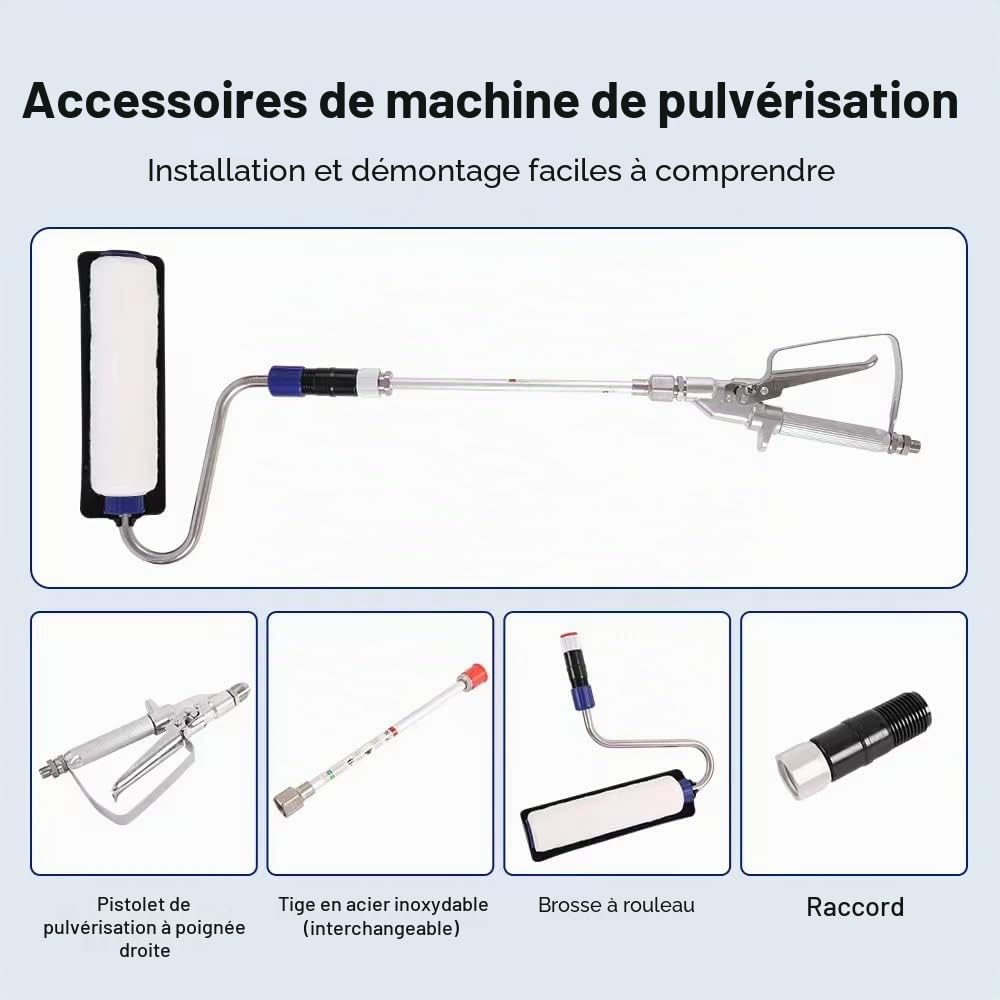 Airless Pistolet Peinture Haute Pression +Brosse Murale Auto-amorçante Peinture Rouleau+30 CM Tige Extension pour Pulvérisateur Airless Buse Rallonge Pistolet Peinture