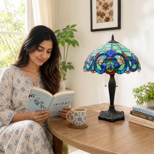 Image of Stained Glass Table Lamp, Blue Green Peacock Pattern Glass Shade with Antique Bronze Base, Decorative Bedside & Living Room Lamp (Free Bulb) (Design - 2)