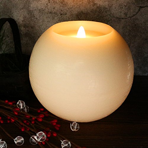 Image of CVHOMEDECO. Moon Sphere Wax LED Dancing Flame Candle Ball Battery Operated Wax LED Flameless Candle with Timer and Remote Control, Dia. 6 X H 5 Inch, Cream