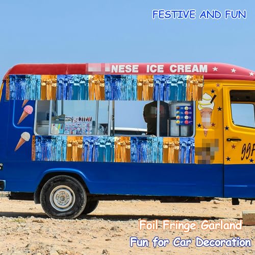 Image of 4 Packs Total 39 Ft Parade Floats for Trailer Car, Orange Blue Foil Fringe Garland Tinsel Blue Dog Themed Streamers Hanging Banner Table Skirts for Graduation Homecoming Birthday Dog Themed Party