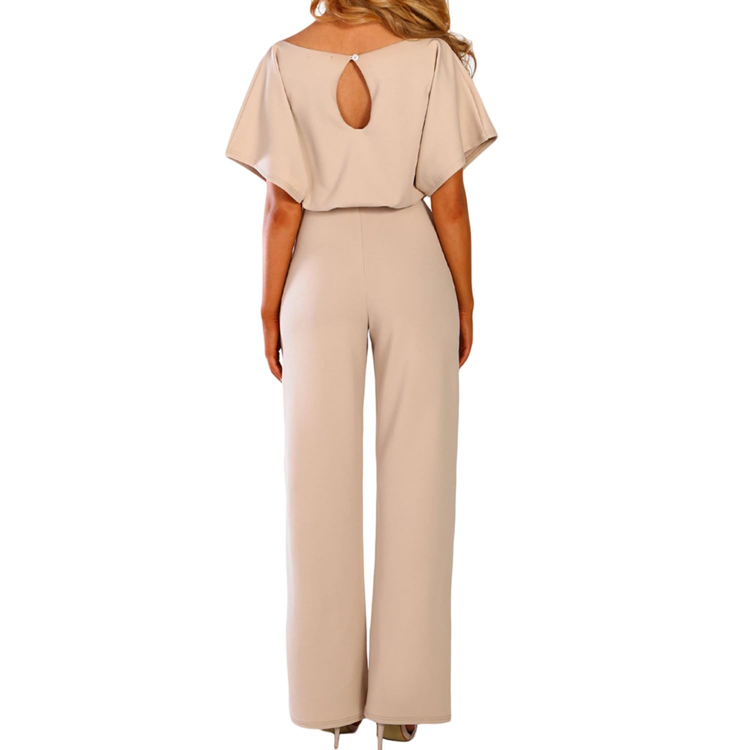 Damen Lang Jumpsuit Overall Hosenanzug Elegant Romper Kurzarm Rundhals Playsuit mit Gürtel Hosenanzug Breite Weites Bein Overall