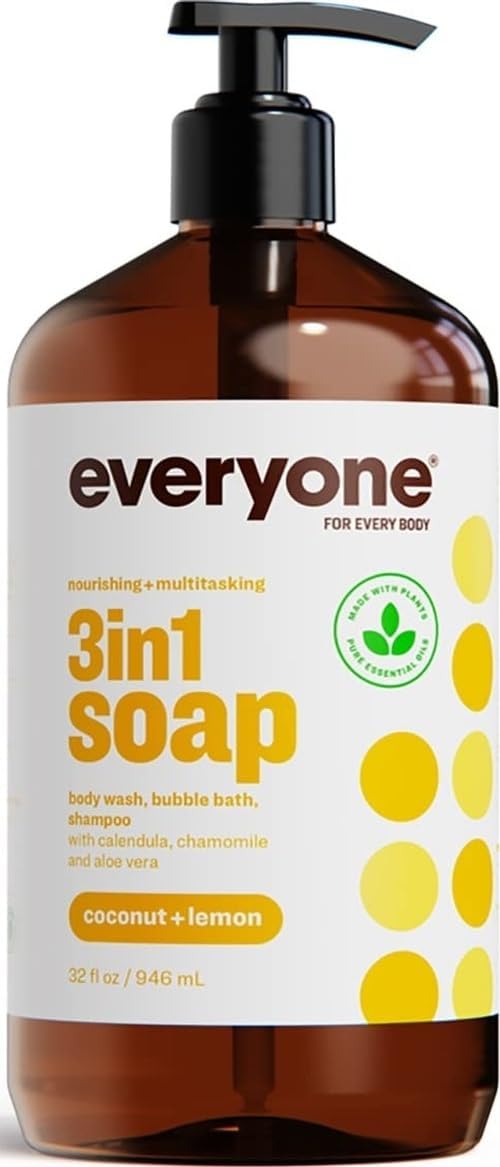 Everyone 3-in-1 Soap, Body Wash, Bubble Bath, Shampoo, 32 Ounce (Pack of 1), Coconut and Lemon, made with Essential Oils for Men and Women