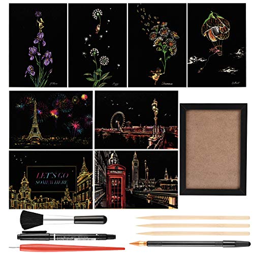 Demine - Kit di Disegni Scratch Art, Fai-da-Te Gratta Cartolina Pittura Carta Colorare Raschiare Disegno per Bambini Creazione Giocattolo (Set da 8, 16 Pz)